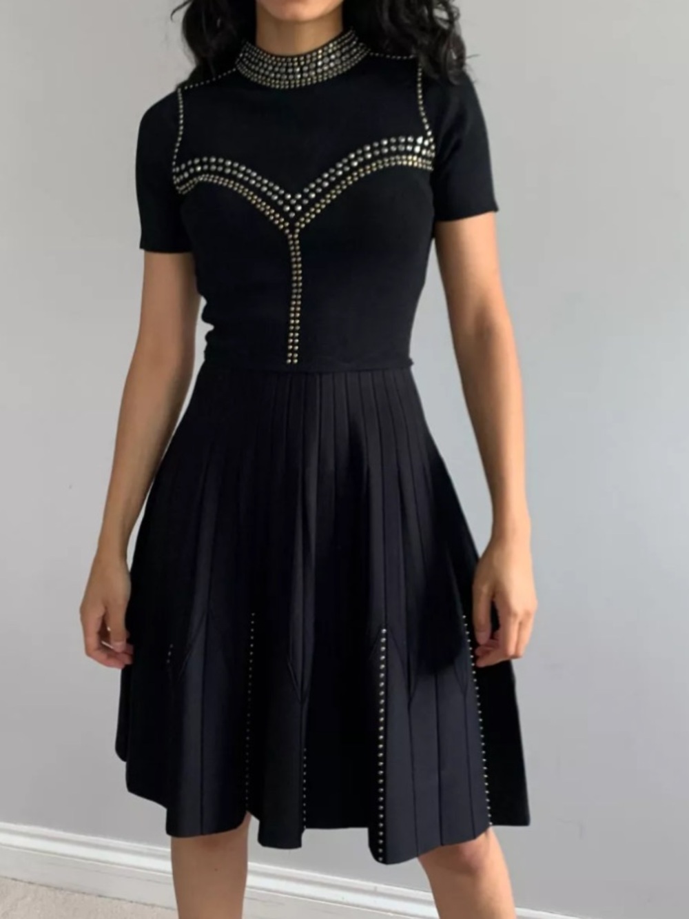 YVES SAINT LAURENT Black Studded Mock Neck Sculpting Knit Fit & Flare Dress